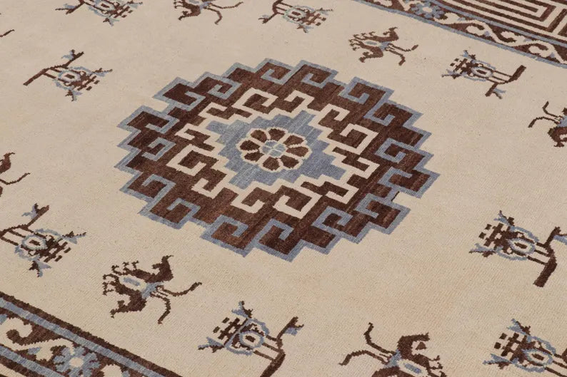 Handmade Tibetan Wool Rug – Traditional Geometric Brown & Blue Oriental Carpet for Living Room & Home Décor