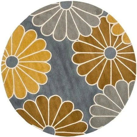Modern Round Floral Area Rug – Yellow, Grey & Blue Pattern – Soft Living Room Carpet
