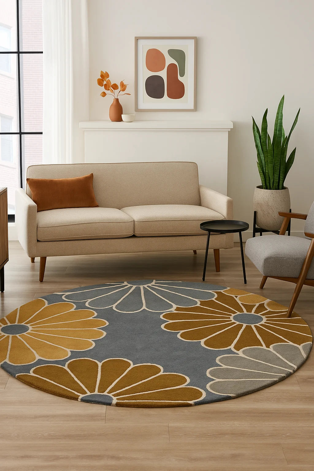 Modern Round Floral Area Rug – Yellow, Grey & Blue Pattern – Soft Living Room Carpet