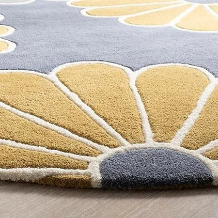 Modern Round Floral Area Rug – Yellow, Grey & Blue Pattern – Soft Living Room Carpet