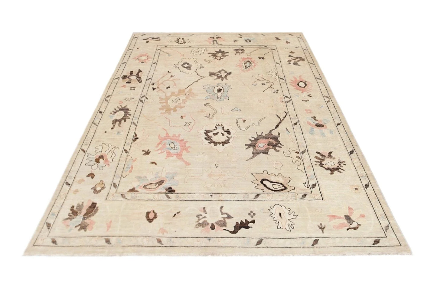 Handmade Transitional Oushak Rug in Neutral and Pastel Tones