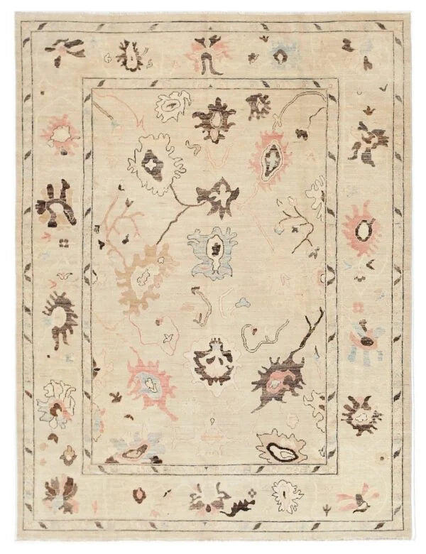 Handmade Transitional Oushak Rug in Neutral and Pastel Tones