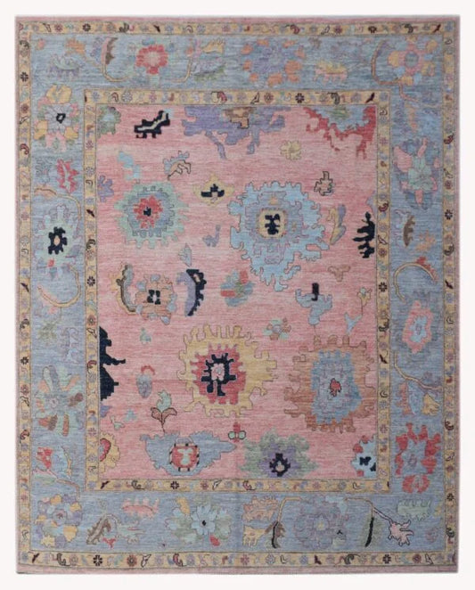 Hand-Knotted Contemporary Oushak Rug – Blush Pink & Sky Blue