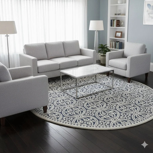 Classic Medallion Round Area Rug in Navy & Ivory – Transitional Style Carpet