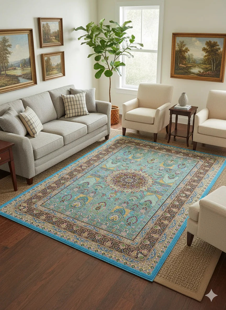 Previous   Next Sale! Product imageProduct imageProduct imageProduct imageProduct imageProduct image Vibrant Teal & Gold Traditional living room Carpet – Intricate Floral & Medallion Pattern