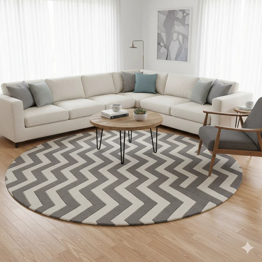 Modern Chevron Round Area Rug – Grey & Ivory Zigzag Pattern
