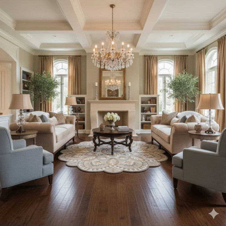 Luxury Scalloped Floral Medallion Area Rug – Elegant Hand-Tufted Wool Carpet