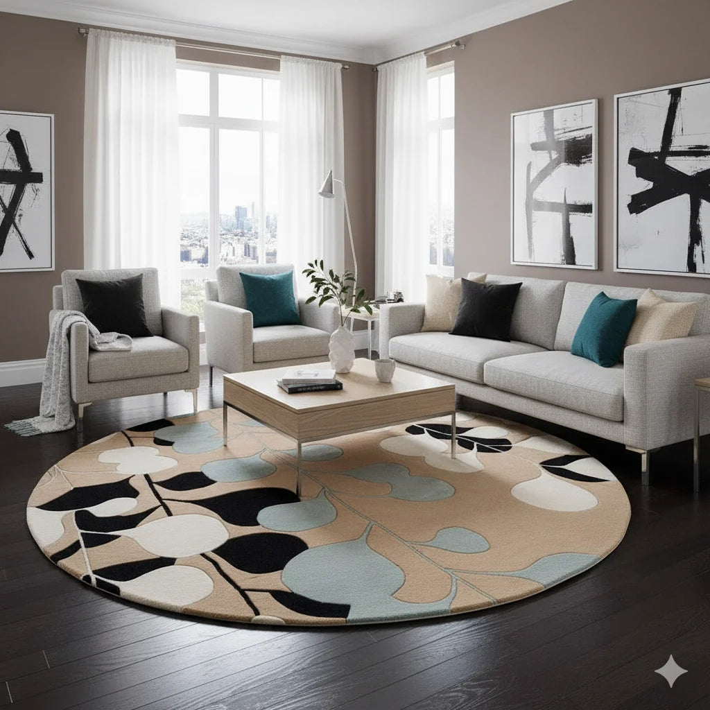 Mid-Century Modern Abstract Floral Round Area Rug | Hand-Tufted Wool Living Room Carpet