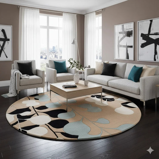 Mid-Century Modern Abstract Floral Round Area Rug | Hand-Tufted Wool Living Room Carpet
