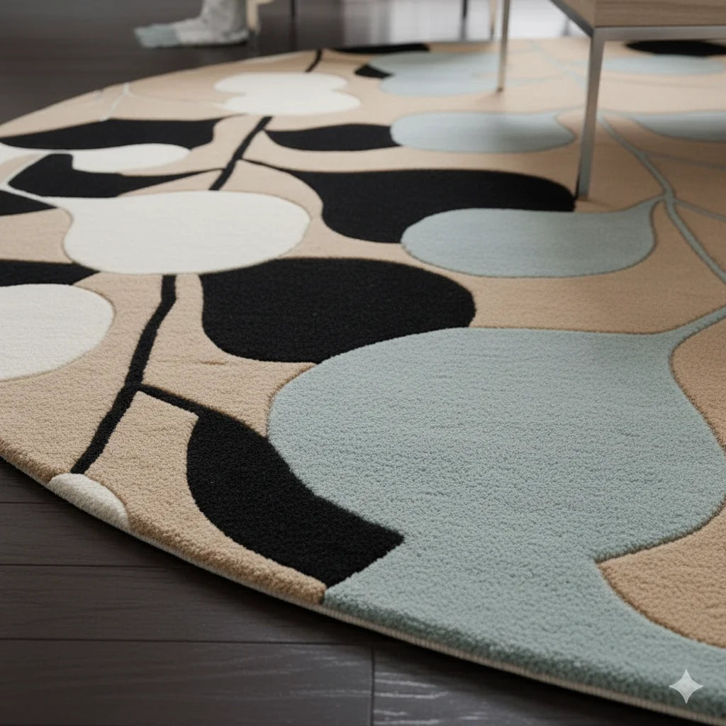 Mid-Century Modern Abstract Floral Round Area Rug | Hand-Tufted Wool Living Room Carpet