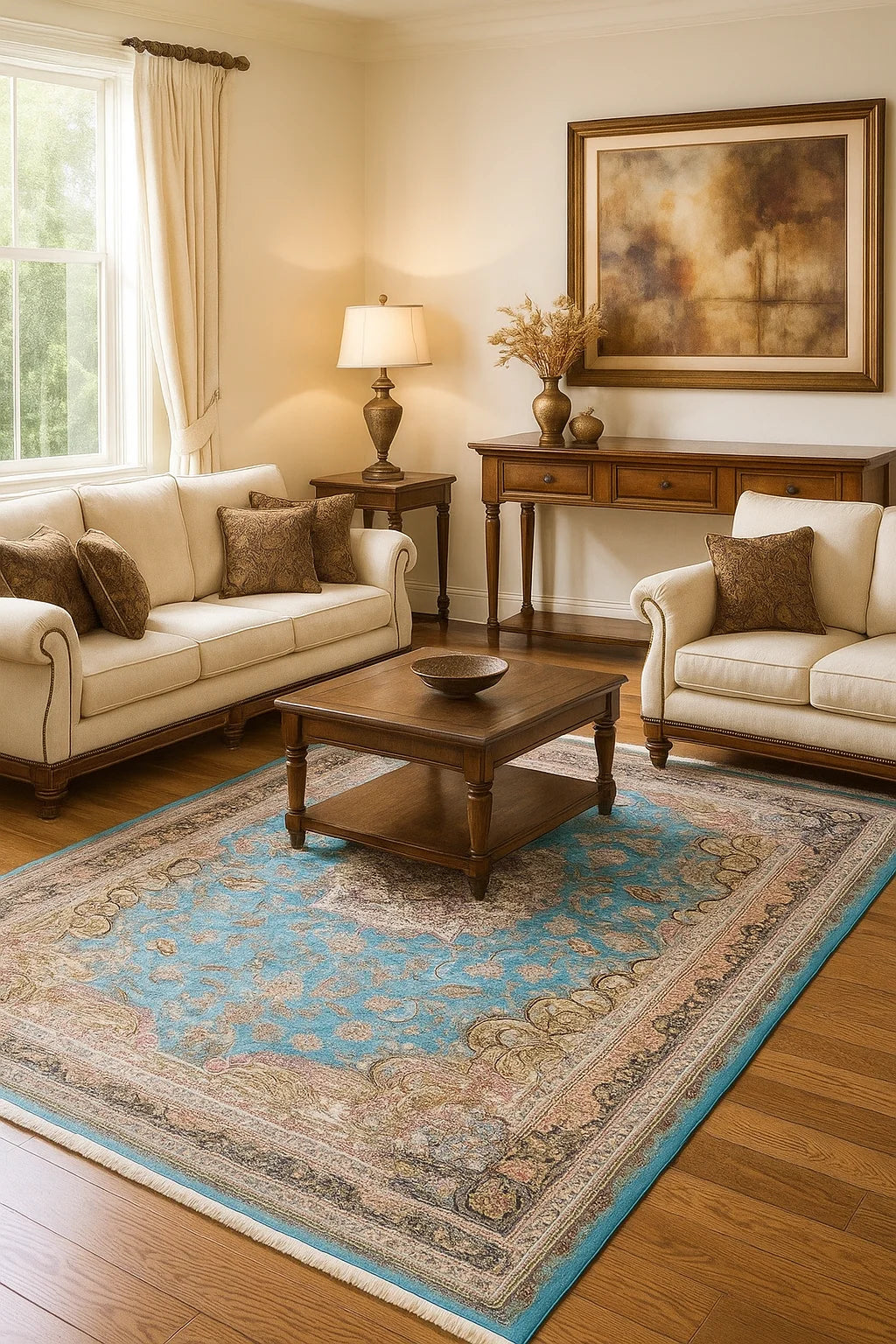 Vibrant Turquoise Traditional Area Rug – Ornate Floral Medallion Design