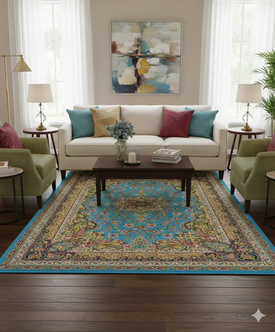 Navy Blue & Cream Medallion Round Area Rug – Vintage Distressed Power Loomed Carpet